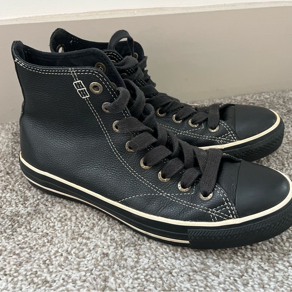 Shoes - Black leather high top converse, size 6.5 mens, 8.5 women’s
